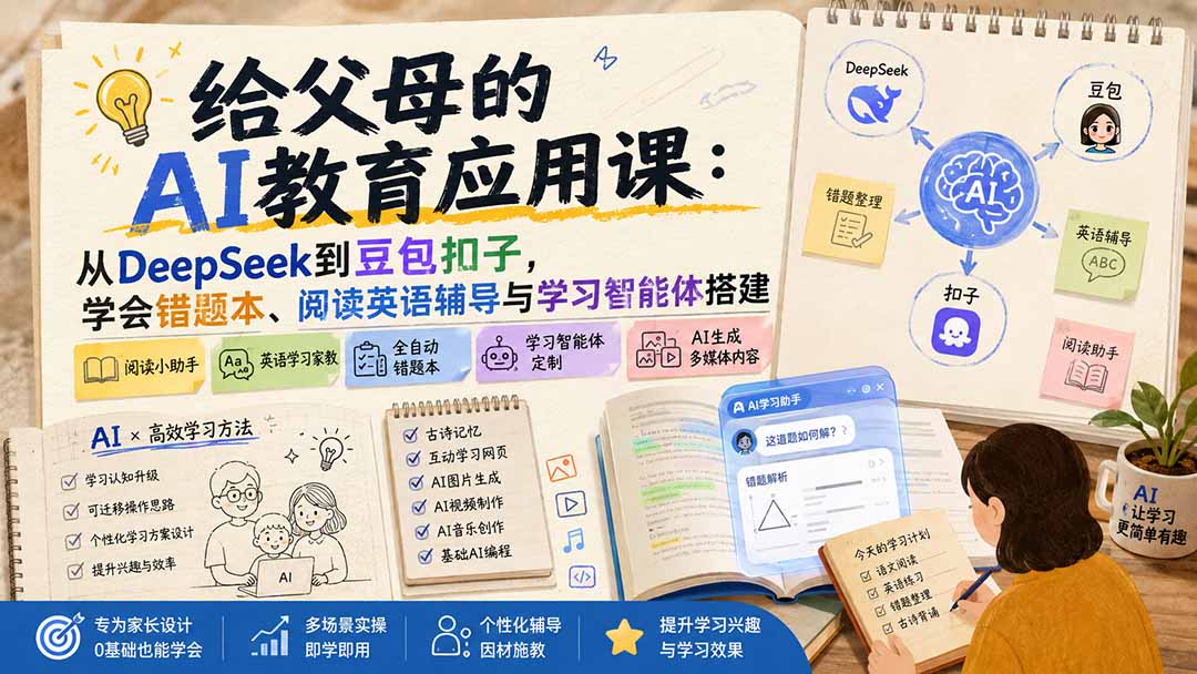 给父母的AI教育应用课：从DeepSeek到豆包扣子，学会错题本、阅读英语辅导与学习智能体搭建-百盟网