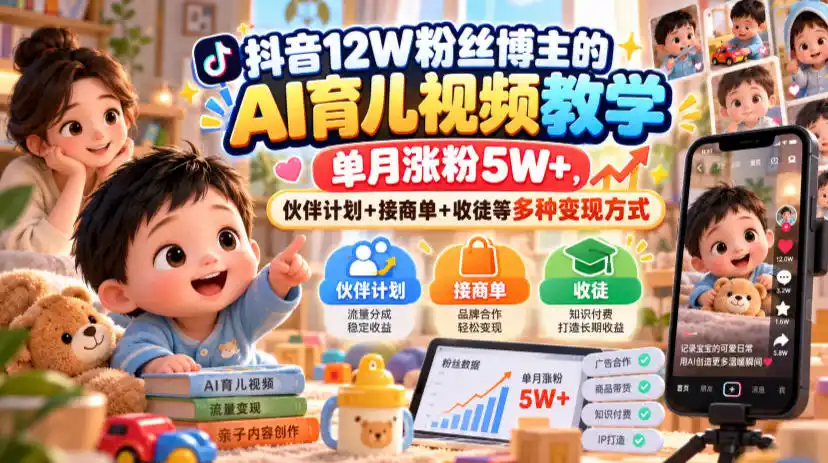 抖音12W粉丝博主的AI育儿视频教学，单月涨粉5W+，伙伴计划+接商单+收徒等多种变现方式-百盟网