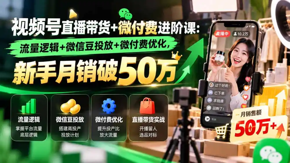 视频号直播带货+微付费进阶课-更新1010：流量逻辑+微信豆投放+微付费优化，新手月销破50万-百盟网