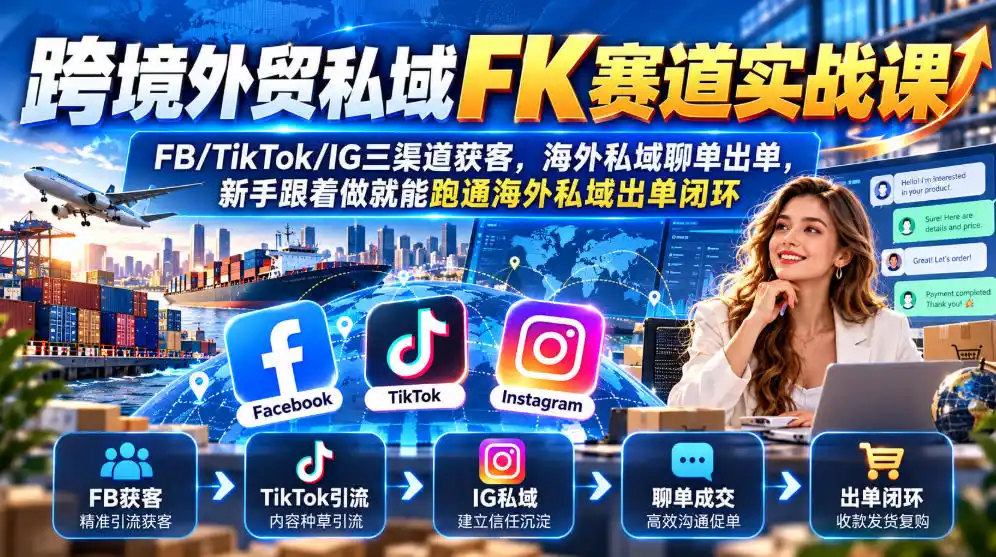 跨境外贸私域FK赛道实战课｜FB/TikTok/IG三渠道获客，海外私域聊单出单，新手跟着做就能跑通海外私域出单闭环-百盟网