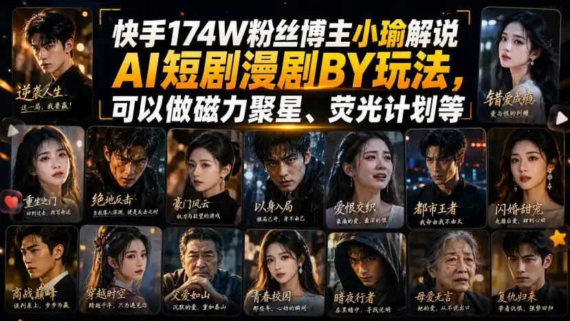 快手174W粉丝博主小瑜解说AI短剧漫剧搬运玩法，可以做磁力聚星、荧光计划等-百盟网