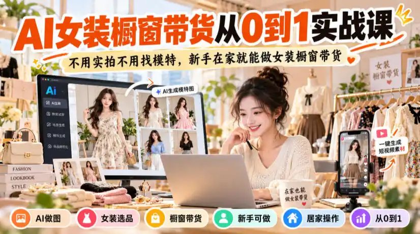 AI女装橱窗带货从0到1实战课，不用实拍不用找模特，新手在家就能做女装橱窗带货-百盟网