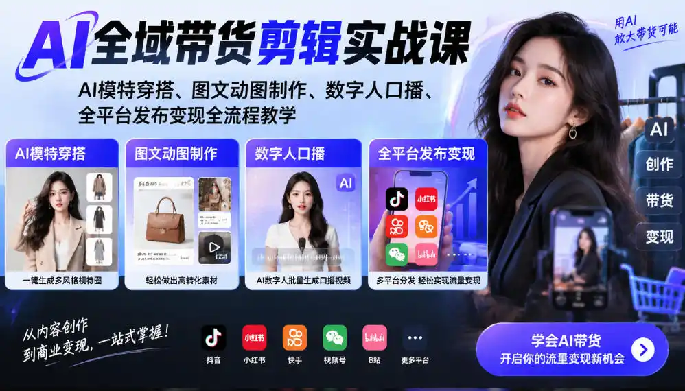 AI全域带货剪辑实战课｜AI模特穿搭、图文动图制作、数字人口播、全平台发布变现全流程教学-百盟网