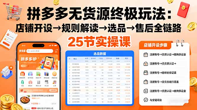 拼多多无货源终极玩法：店铺开设→规则解读→选品→售后全链路,25节实操课-百盟网