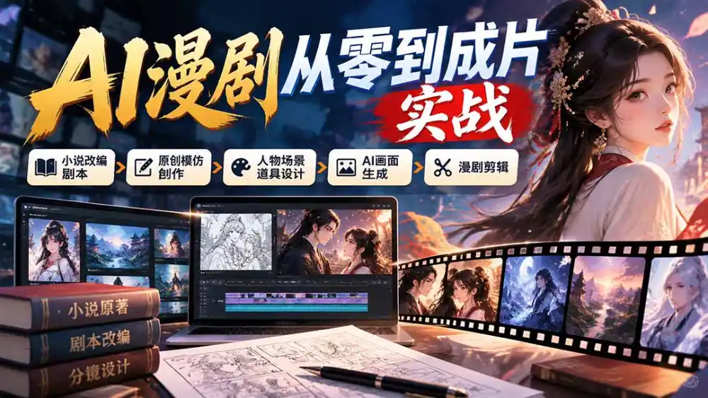 AI漫剧从零到成片实战：小说改编剧本、原创模仿创作、人物场景道具设计、AI画面生成与漫剧剪辑-百盟网
