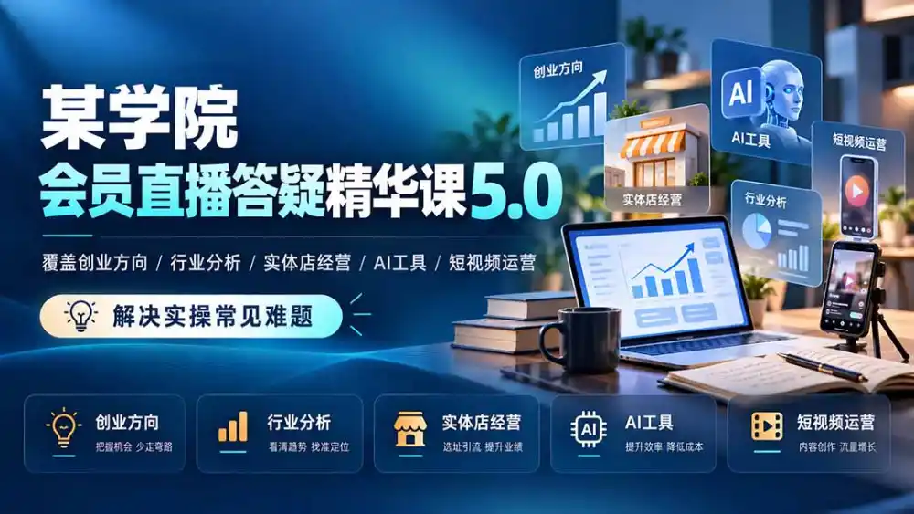 某学院会员直播答疑精华课5.0：覆盖创业方向、行业分析、实体店经营、AI工具和短视频运营，解决实操常见难题！