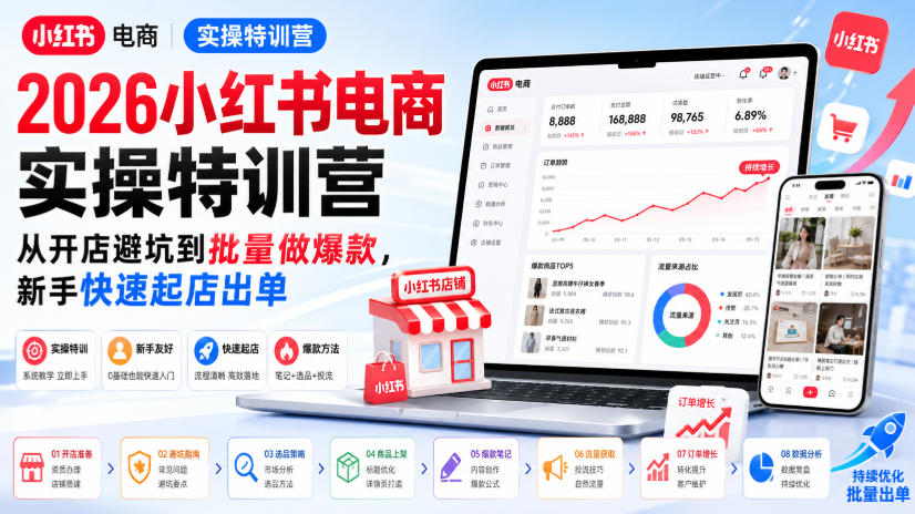 2026小红书电商实操特训营，从开店避坑到批量做爆款，新手快速起店出单-百盟网