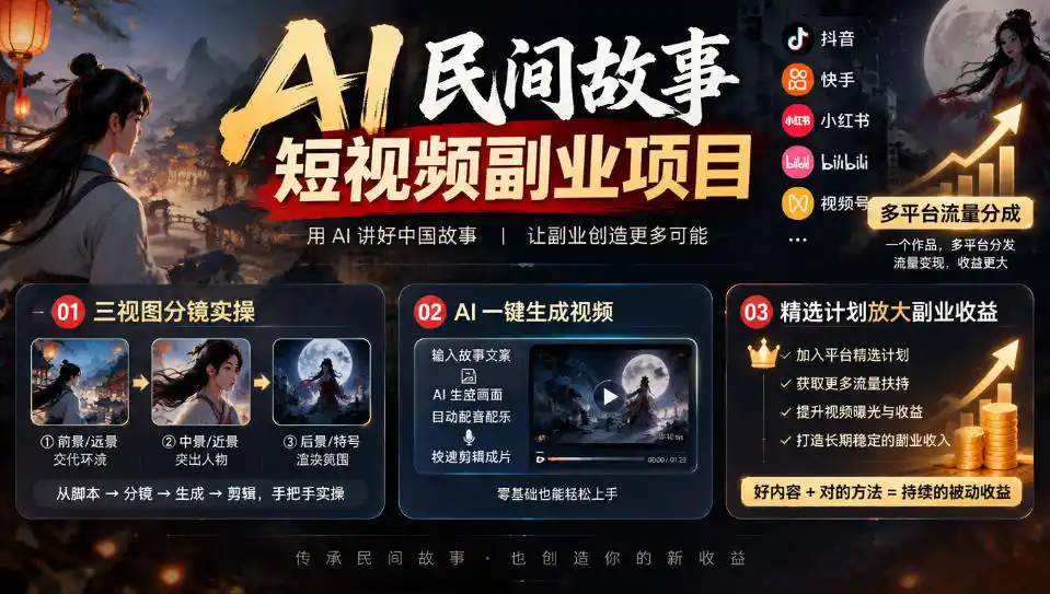 AI民间故事短视频副业项目，多平台流量分成，三视图分镜实操，精选计划放大副业收益-百盟网