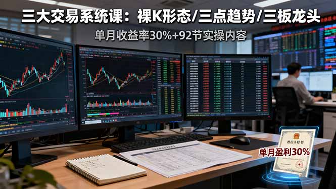 三大交易系统课：裸K形态/三点趋势/三板体系，单月收益率30%+92节实操内容-百盟网