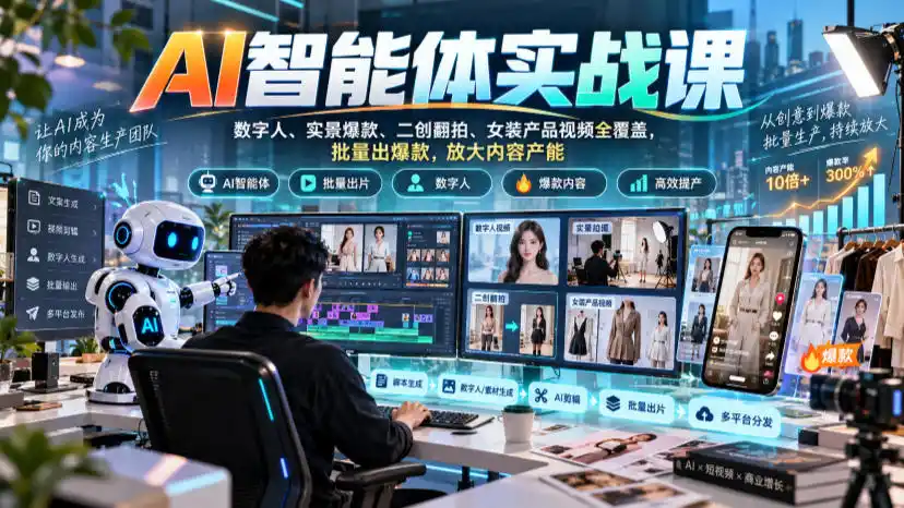 AI智能体实战课，数字人、实景爆款、二创翻拍、女装产品视频全覆盖，批量出爆款，放大内容产能-百盟网