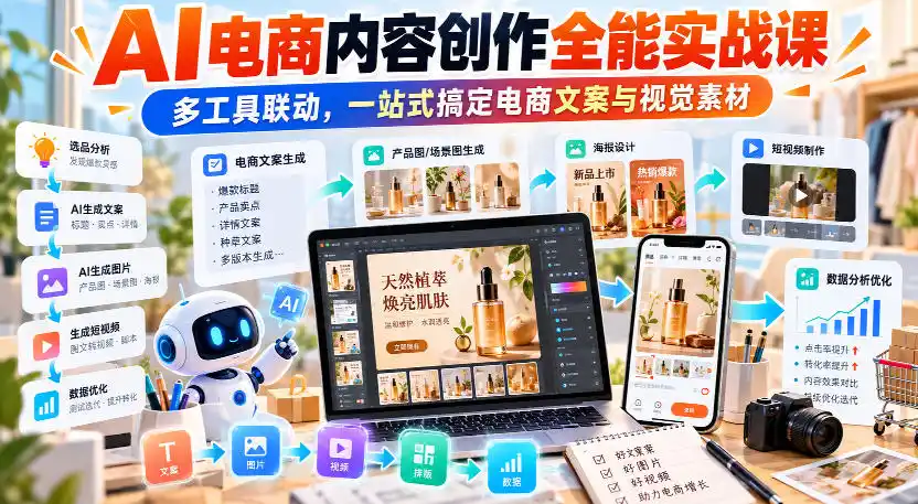 【无水印】AI电商内容创作全能实战课|多工具联动,一站式搞定电商文案与视觉素材-百盟网