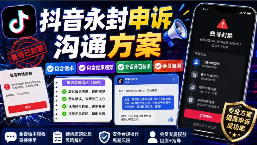 抖音永封申诉沟通方案，包含话术，包含继承违禁，非百分百技术，会员自测-百盟网