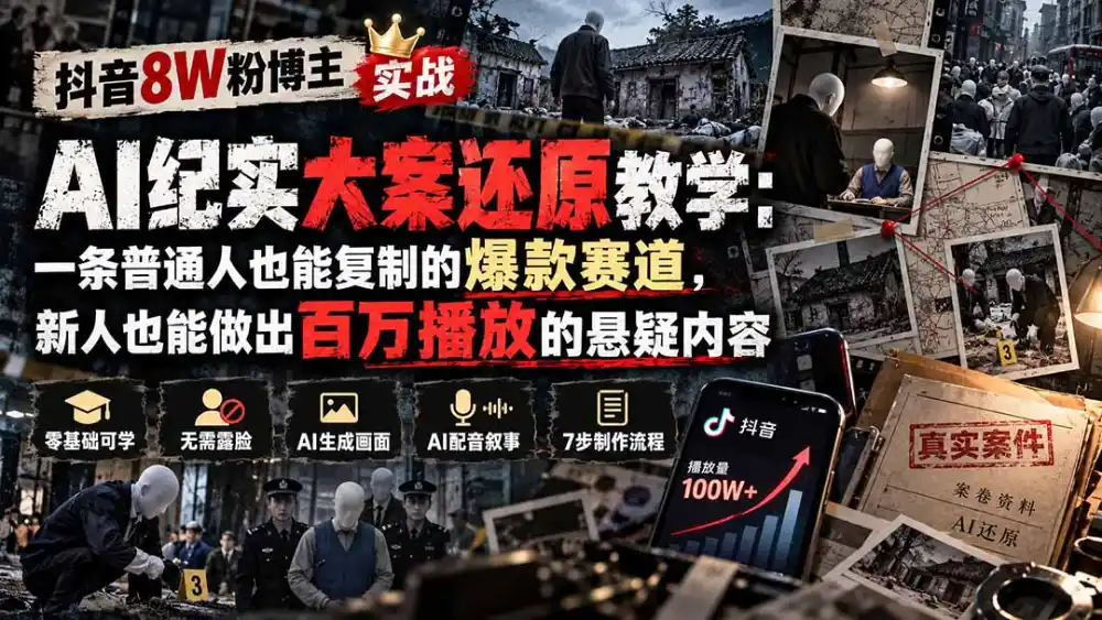 抖音8W粉博主AI纪实大案还原教学：一条普通人也能复制的爆款赛道，新人也能做出百万播放的悬疑内容-百盟网