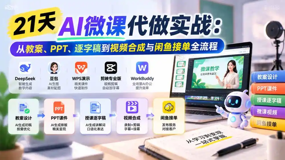 21天AI微课代做实战：从教案、PPT、逐字稿到视频合成与闲鱼接单全流程-百盟网