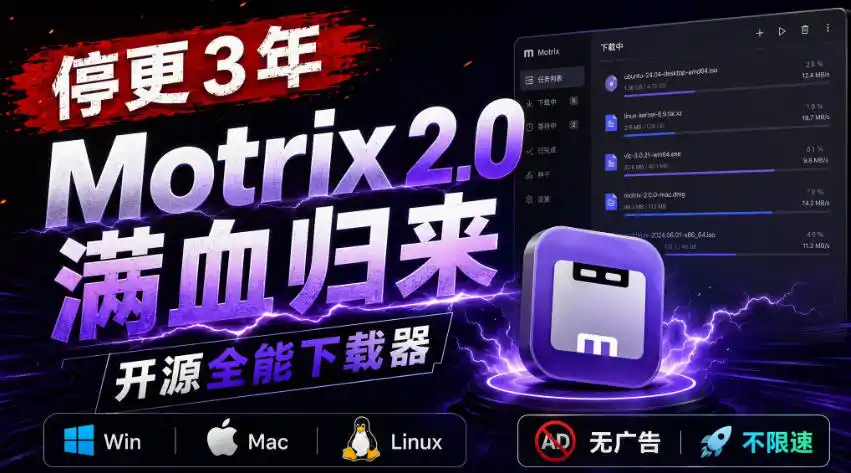 停更3年，Motrix 2.0满血归来：开源全能下载器，Win/Mac/Linux通吃，无广告不限速-百盟网