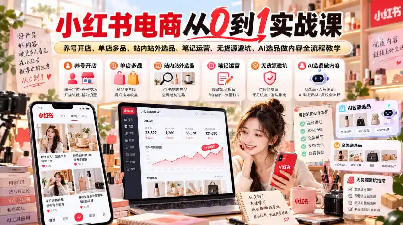 小红书电商从0到1实战课｜养号开店、单店多品、站内站外选品、笔记运营、无货源避坑、AI选品做内容全流程教学-百盟网