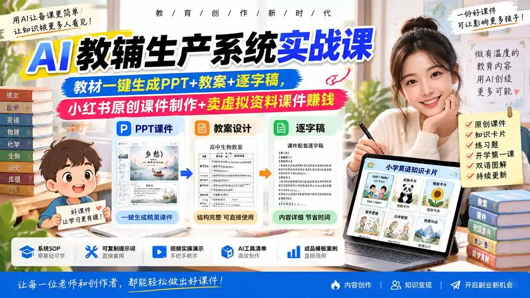 AI教辅生产系统实战课-更新0926｜教材一键生成PPT+教案+逐字稿，小红书原创课件制作+卖虚拟资料课件赚钱-百盟网