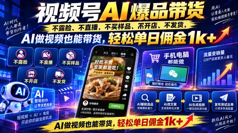 视频号Ai爆品带货,不露脸、不直播、不买样品、不开店、不发货,AI做视频也能带货,轻松单日佣金1k+-百盟网