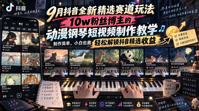9月抖音全新精选赛道玩法，10w粉丝博主的动漫钢琴短视频制作教学，制作简单，小白也能轻松解锁抖音精选收益-百盟网