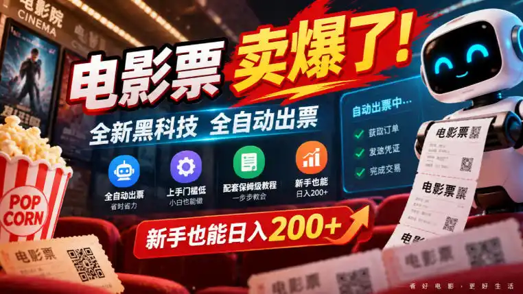 电影票卖爆了,全新黑科技全自动出票,上手门槛低,配套保姆级教程,新手也能日入200+【揭秘】 电影票卖爆了,全新黑科技全自动出票,上手门槛低,配套保姆级教程,新手也能日入200+【揭秘】