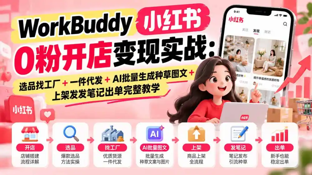 WorkBuddy小红书0粉开店变现实战：选品找工厂+一件代发+AI批量生成种草图文+上架发发笔记出单完整教学-百盟网